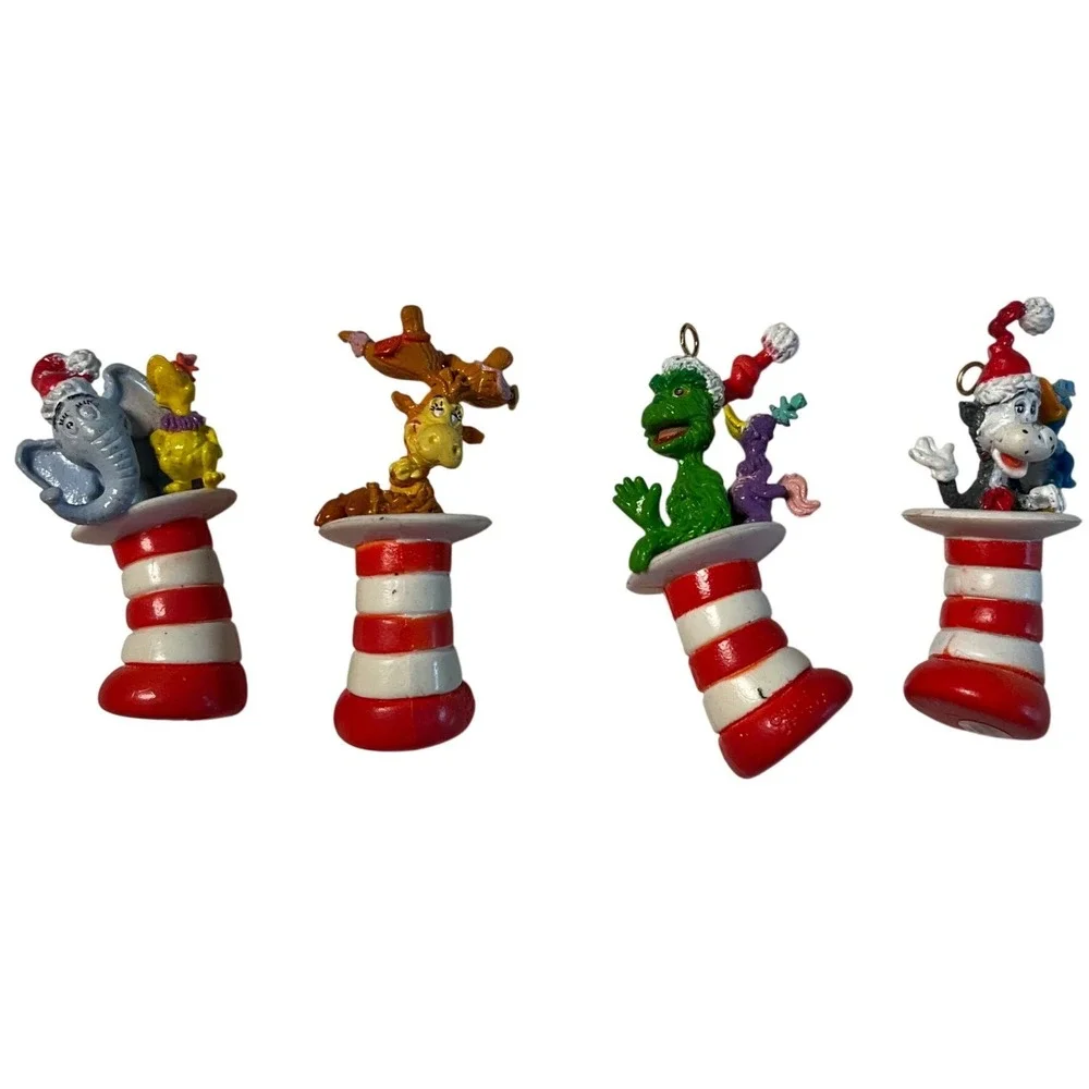 Dr Seuss Christmas Ornament Set 4pc Grinch Horton Cat in the‎ Hat Stocking Mini